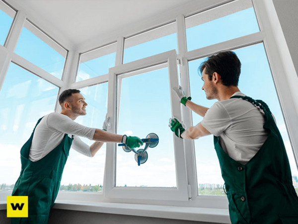 Zwei Handwerker montieren ein neues, modernes Fenster für energieeffiziente Sanierung.